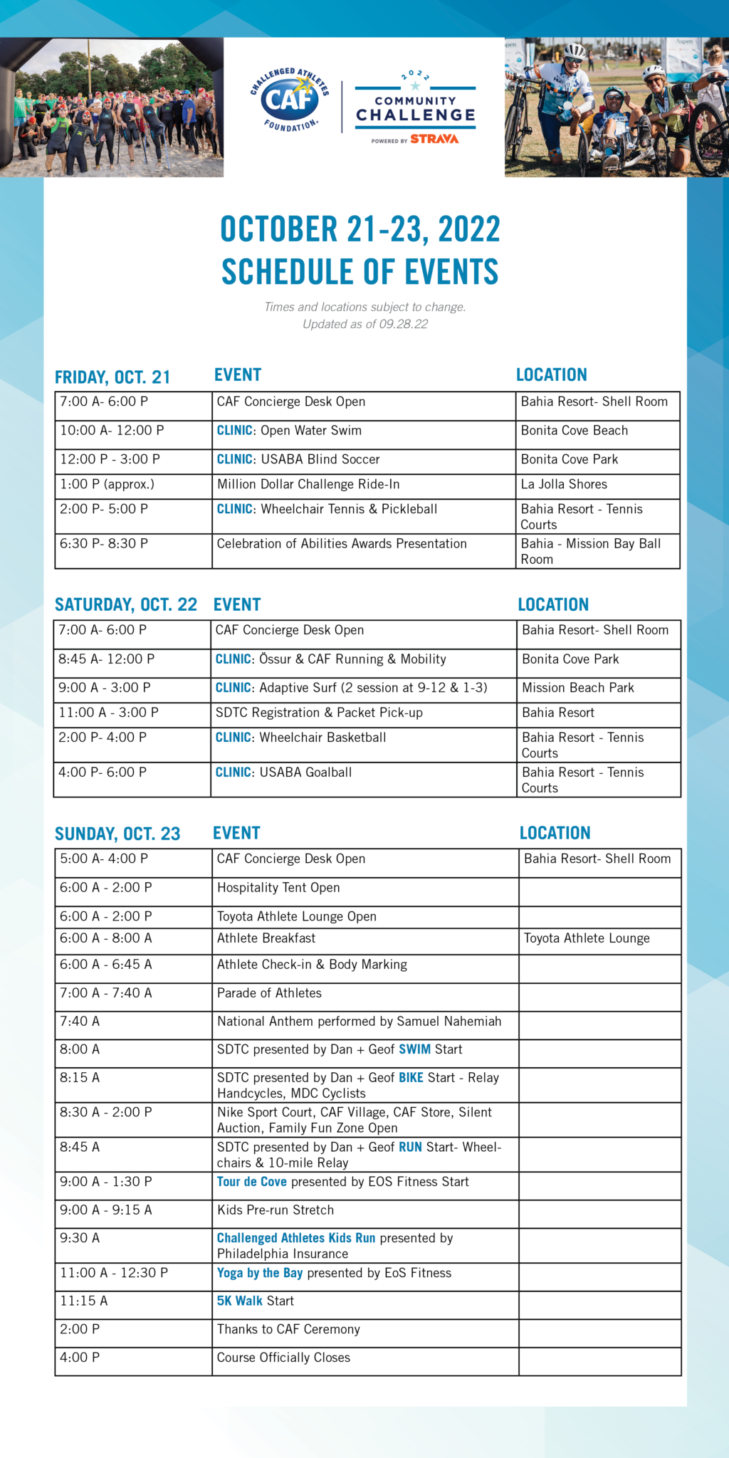 CCC Schedule of Events Challenged Athletes Foundation